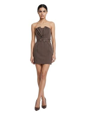 TCEC Strapless Brown Grey Belted mini Sheath Dress Gorgeous sculptural bodice LG
